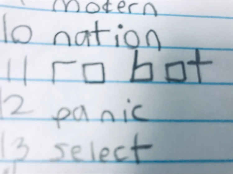 A 5th Grade student showed his creativity writing his spelling word, “robot."